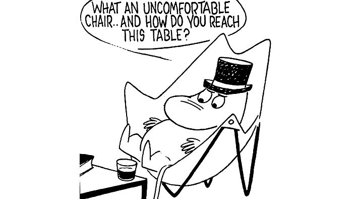 Moominpappa sinniert über den Butterfly Chair von Antonio Bonet, Juan Kurchan & Jorge Ferrari-Hardoy für Knoll, gesehen bei