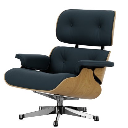 Eames Lounge Chair, Kastanie natur, Leder Premium F rauchblau, 84 cm - Originalhöhe 1956, Aluminium poliert