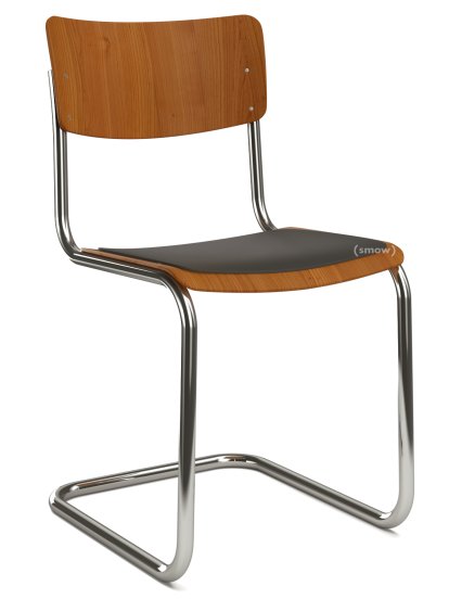 S 43 Klassik Freischwinger, Gestell verchromt, Buche gebeizt, Kirschbaumfarbig, Sitzauflage schwarz, ungepolstert, Kunststoffgleiter schwarz mit Filz