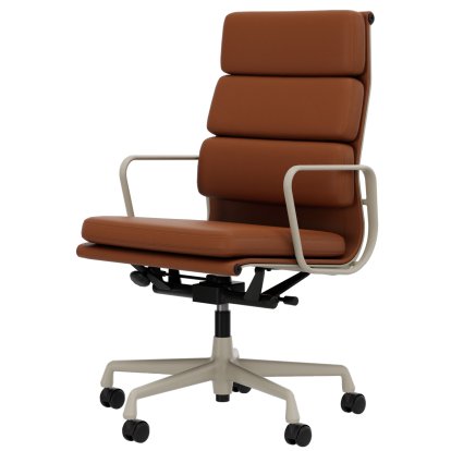 Soft Pad Chair EA 219, Aluminium pulverbeschichtet kreidefarben, Leder Standard cognac, Plano cognac, Hart für Teppichboden
