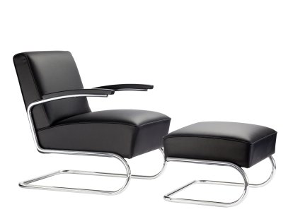 S 411 Freischwinger-Sessel, Leder nero, Verchromt, Mit Fußhocker, Ohne Gleiter