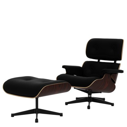 Eames Lounge Chair & Ottoman, Santos Palisander, Leder Premium F nero, 84 cm - Originalhöhe 1956, Aluminium poliert, Seiten schwarz