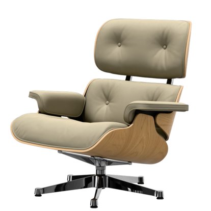 Eames Lounge Chair, Kastanie natur, Leder Premium F sand, 84 cm - Originalhöhe 1956, Aluminium poliert