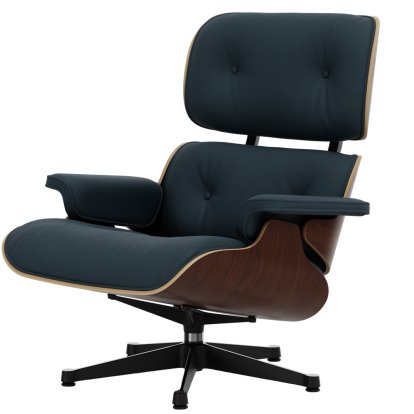 Eames Lounge Chair, Nussbaum dunkel, Leder Premium F rauchblau, 89 cm, Aluminium poliert, Seiten schwarz