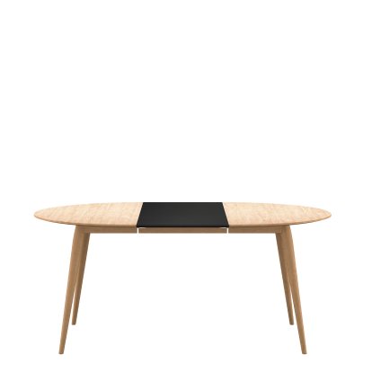PLAYdinner Round Tisch, Eiche weiß geölt, Mit einer Einlegeplatte (L 120-170 cm), MDF schwarz