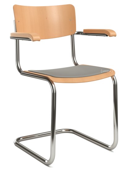 S 43 F Klassik Freischwinger, Gestell verchromt, Buche gebeizt, Buche, klar lackiert, Sitzauflage hellgrau meliert, gepolstert, Ohne Gleiter