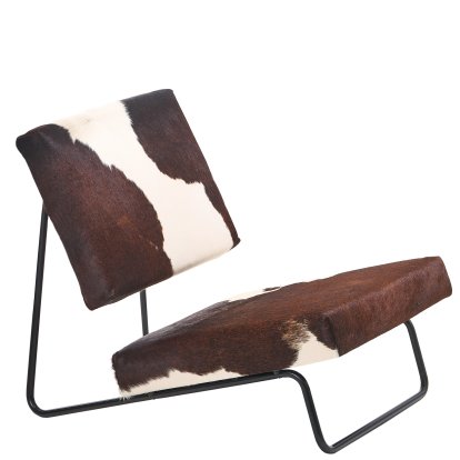 Hirche Loungesessel, Kuhfell, braun / weiß, Pulverbeschichtet, schwarz, ohne Fußhocker