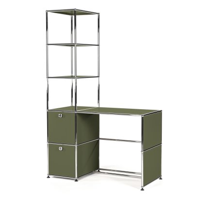 USM Haller Schreibtisch mit Regalaufsatz, Olivgrün RAL 6003