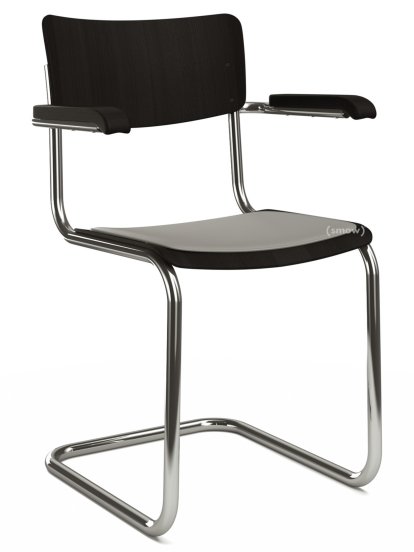 S 43 F Klassik Freischwinger, Gestell verchromt, Buche gebeizt, Schwarz (TP 29), Sitzauflage hellgrau meliert, gepolstert, Ohne Gleiter