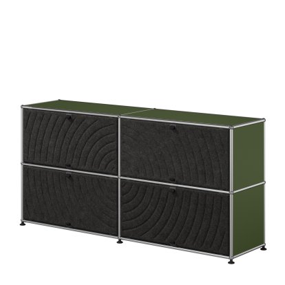 USM Haller Sideboard L mit vier USM Haller Soft Panels, rund, Olivgrün RAL 6003, Dunkelgrau