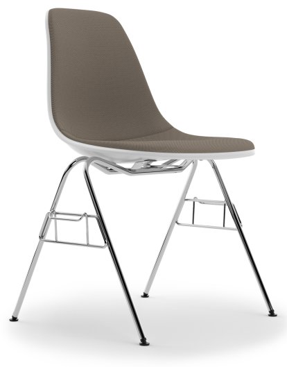Eames Plastic Side Chair DSS / DSS-N, Cotton white, Mit Vollpolsterung, Warmgrey / moorbraun, Mit Reihenverbindung (DSS)