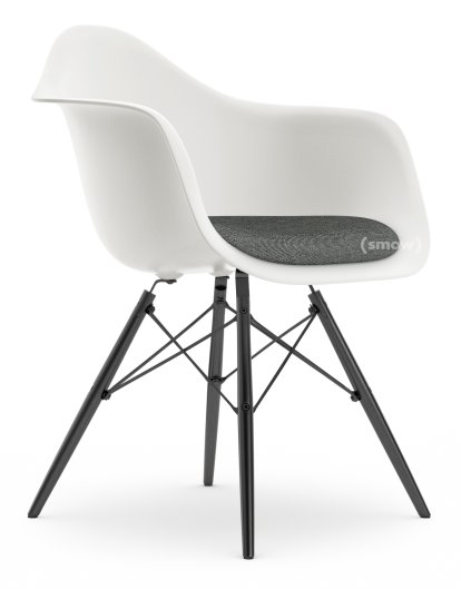 Eames Plastic Armchair DAW, Weiß RE, Mit Sitzpolster, Nero / elfenbein, Standardhöhe - 43 cm, Ahorn schwarz