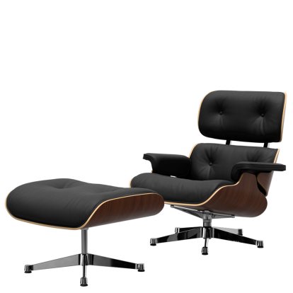 Eames Lounge Chair & Ottoman, Nussbaum dunkel, Leder Premium F nero, 84 cm - Originalhöhe 1956, Aluminium poliert