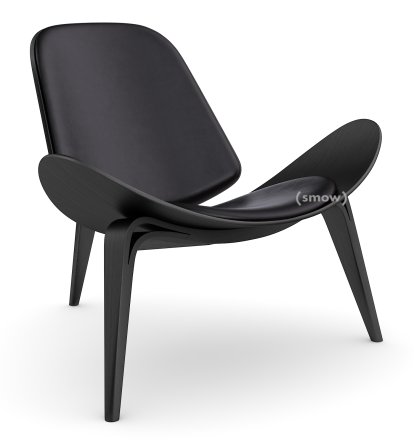 CH07 Shell Stuhl, Eiche schwarz lackiert, Leder schwarz