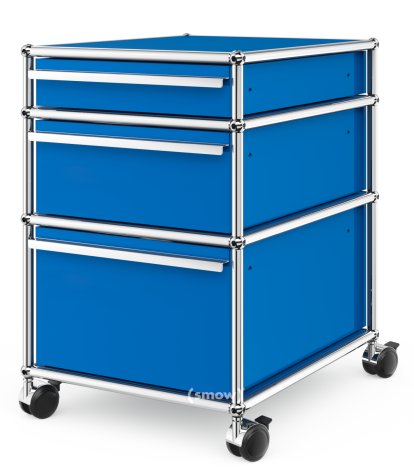 USM Haller Rollcontainer mit 3 Schubladen Typ 2 (mit Gegengewicht), Kein Schloss, Enzianblau RAL 5010