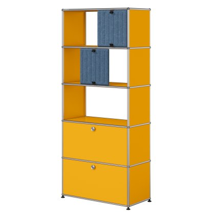 USM Haller Aktenregal mit 2 Klappen, oben ohne Rückwände mit zwei USM Haller Soft Panels, vertikal, Goldgelb RAL 1004, Blau / Hellblau