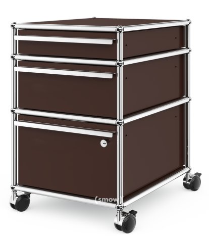 USM Haller Rollcontainer mit 3 Schubladen Typ 2 (mit Gegengewicht), Unterste Schublade mit Schloss, USM braun