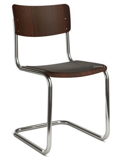 S 43 Klassik Freischwinger, Gestell verchromt, Buche gebeizt, Nussbaumfarbig (TP 24), Sitzauflage schwarz, ungepolstert, Ohne Gleiter