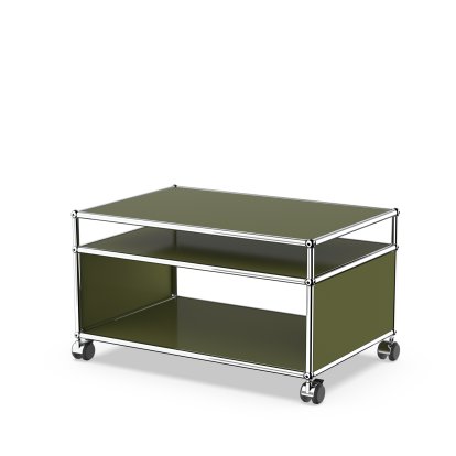 USM Haller Beistelltisch mit Aufsatz und Rollen, Olivgrün RAL 6003, Hart für Teppichboden