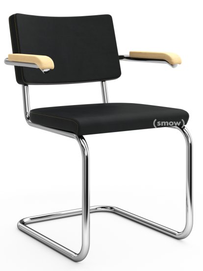 S 64 PV Pure Materials Freischwinger, Nubukleder schwarz, Esche, Verchromt, Kunststoffgleiter schwarz mit Filz