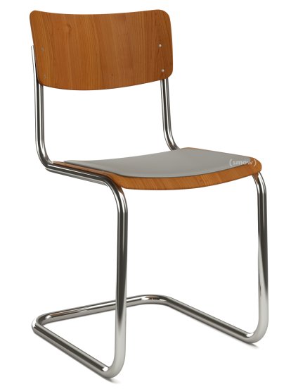 S 43 Klassik Freischwinger, Gestell verchromt, Buche gebeizt, Kirschbaumfarbig, Sitzauflage hellgrau meliert, gepolstert, Kunststoffgleiter schwarz mit Filz