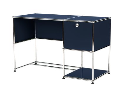 USM Haller Home Office Schreibtisch, Stahlblau RAL 5011, Mit Kabeldurchlass, unten links