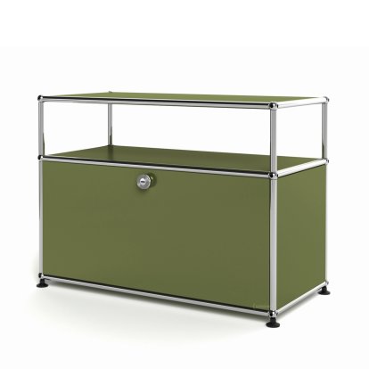 USM Haller Lowboard M mit Aufbau, individualisierbar, Olivgrün RAL 6003, Mit Klappe, Mit Kabeldurchlass oben mittig