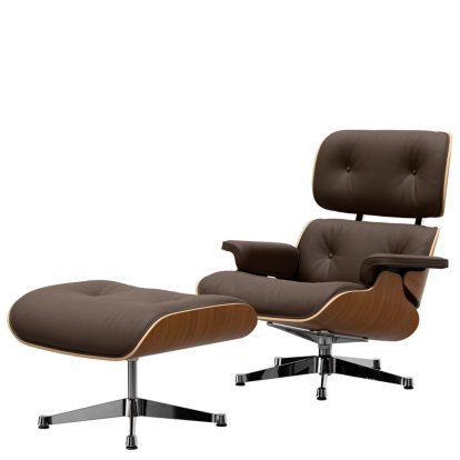 Eames Lounge Chair & Ottoman, Nussbaum natur, Leder Premium F kastanie, 89 cm, Aluminium poliert