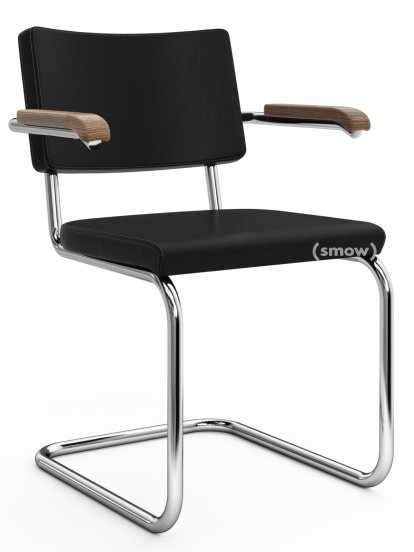 S 64 PV Pure Materials Freischwinger, Nappaleder schwarz, Nussbaum, Verchromt, Ohne Gleiter