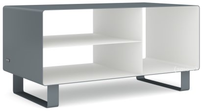 HiFi Lowboard R 104, Basaltgrau (RAL 7012) -  Reinweiß (RAL 9010), Kufen lackiert in Außenfarbe