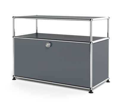 USM Haller Lowboard M mit Aufbau, individualisierbar, Mittelgrau RAL 7005, Mit Klappe, Ohne Kabeldurchlass