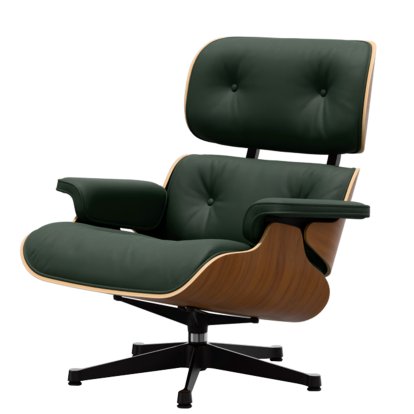 Eames Lounge Chair, Nussbaum natur, Leder Premium F jade, 84 cm - Originalhöhe 1956, Aluminium poliert, Seiten schwarz