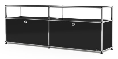 USM Haller Lowboard L mit Aufbau, individualisierbar, Graphitschwarz RAL 9011, Mit 2 Klappen, Ohne Kabeldurchlass