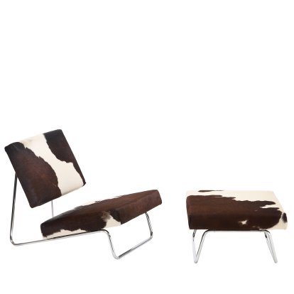 Hirche Loungesessel, Kuhfell, braun / weiß, Verchromt, mit Fußhocker