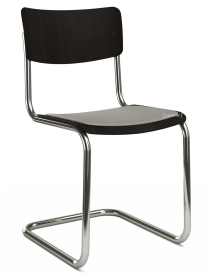 S 43 Klassik Freischwinger, Gestell verchromt, Buche gebeizt, Schwarz (TP 29), Sitzauflage hellgrau meliert, gepolstert, Ohne Gleiter