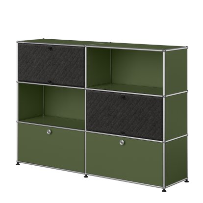 USM Haller Highboard L mit zwei USM Haller Soft Panels, diagonal, Olivgrün RAL 6003, Dunkelgrau