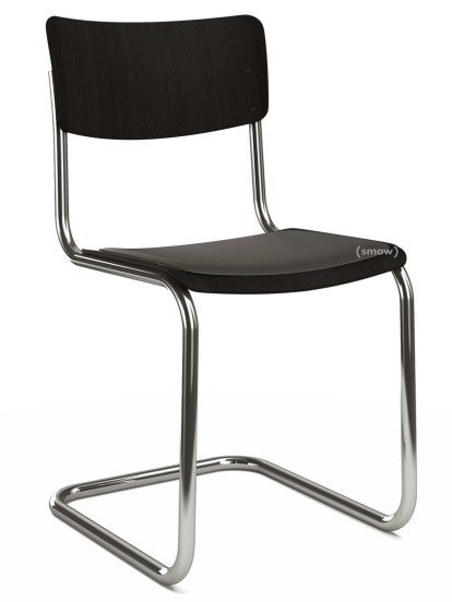 S 43 Klassik Freischwinger, Gestell verchromt, Buche gebeizt, Schwarz (TP 29), Sitzauflage schwarz, gepolstert, Ohne Gleiter