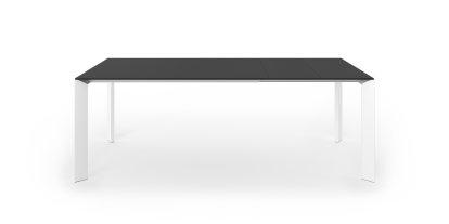 Nori Esstisch, Fenix schwarz mit schwarzer Kante, L 139-214 x B 90 cm, Aluminium weiß lackiert