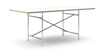 Eiermann Tisch, Melamin weiß mit Eichekante, 200 x 90 cm, Chrom, schräg, mittig (Eiermann 1), 110 x 66 cm