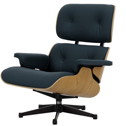 Eames Lounge Chair, Kastanie natur, Leder Premium F rauchblau, 89 cm, Aluminium poliert, Seiten schwarz