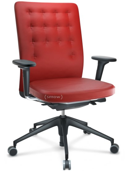 ID Trim, Mit Lumbalstütze, FlowMotion-ohne Vorwärtsneigung, ohne Sitztiefenverstellung, Mit 2D Armlehnen, 5-Stern Untergestell, Kunststoff basic dark, Sitz und Rücken Leder, Rot, Weich für harte Böden