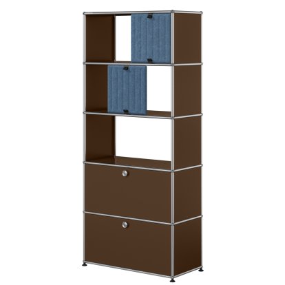 USM Haller Aktenregal mit 2 Klappen, oben ohne Rückwände mit zwei USM Haller Soft Panels, vertikal, USM braun, Blau / Hellblau