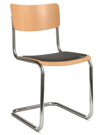S 43 Klassik Freischwinger, Gestell verchromt, Buche gebeizt, Buche natur, Sitzauflage schwarz, gepolstert, Kunststoffgleiter schwarz mit Filz