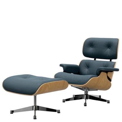 Eames Lounge Chair & Ottoman, Kastanie natur, Leder Premium F rauchblau, 84 cm - Originalhöhe 1956, Aluminium poliert