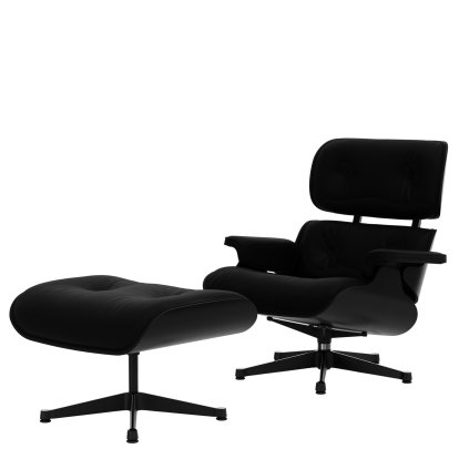 Eames Lounge Chair & Ottoman, Kastanie schwarz, Leder Premium F nero, 84 cm - Originalhöhe 1956, Aluminium poliert, Seiten schwarz