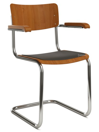 S 43 F Klassik Freischwinger, Gestell verchromt, Buche gebeizt, Kirschbaumfarbig, Sitzauflage schwarz, ungepolstert, Ohne Gleiter